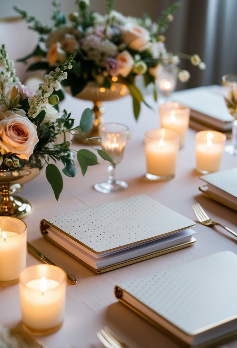 A table adorned with elegant Dainty Dot Notebooks, surrounded by delicate floral arrangements and twinkling candlelight