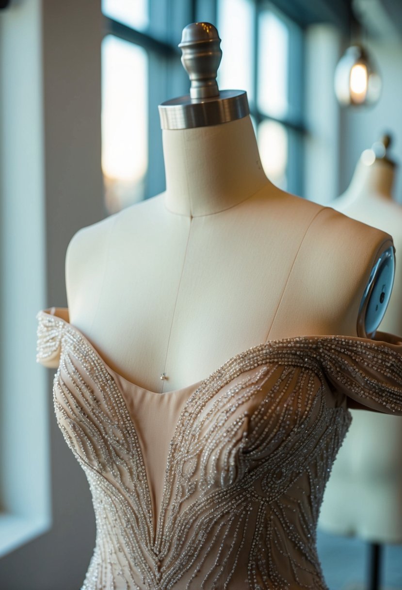 An off-the-shoulder gown with intricate beading cascades down a mannequin's form