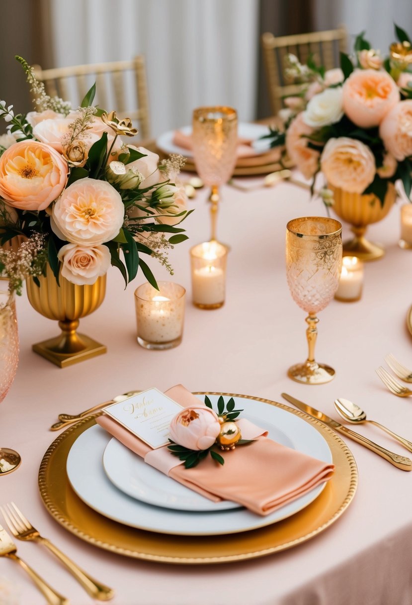 A luxurious peach and gold wedding table setting with elegant floral centerpieces and gilded accents