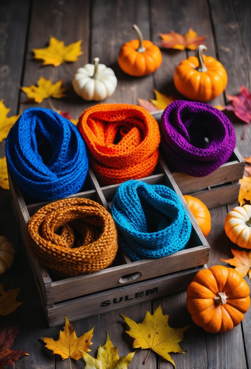 Colorful scarves arranged in a rustic wooden crate, surrounded by autumn leaves and small pumpkins