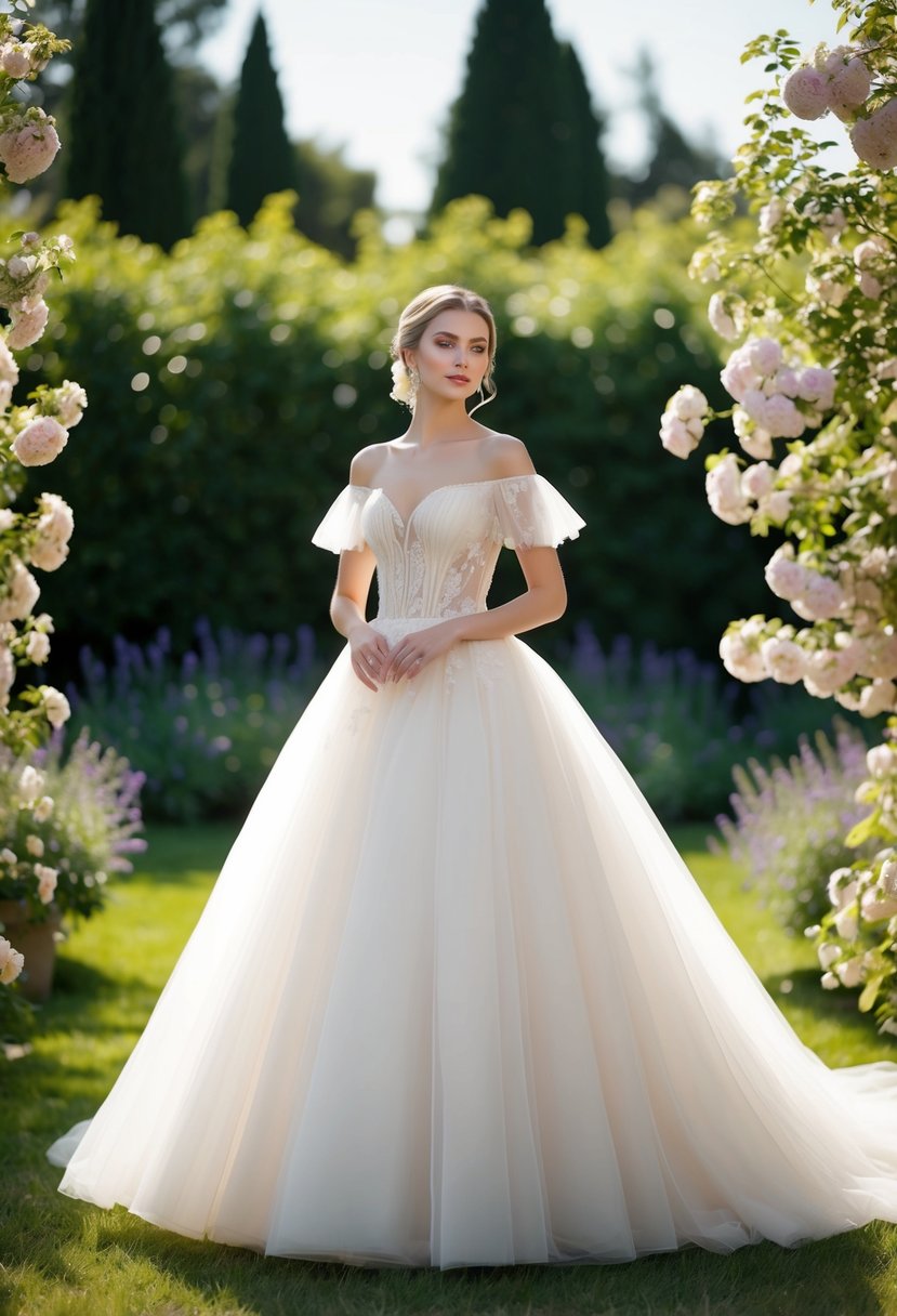 A bride stands in a garden, wearing a flowing off-shoulder ball gown with delicate tulle details, surrounded by blooming flowers and soft sunlight