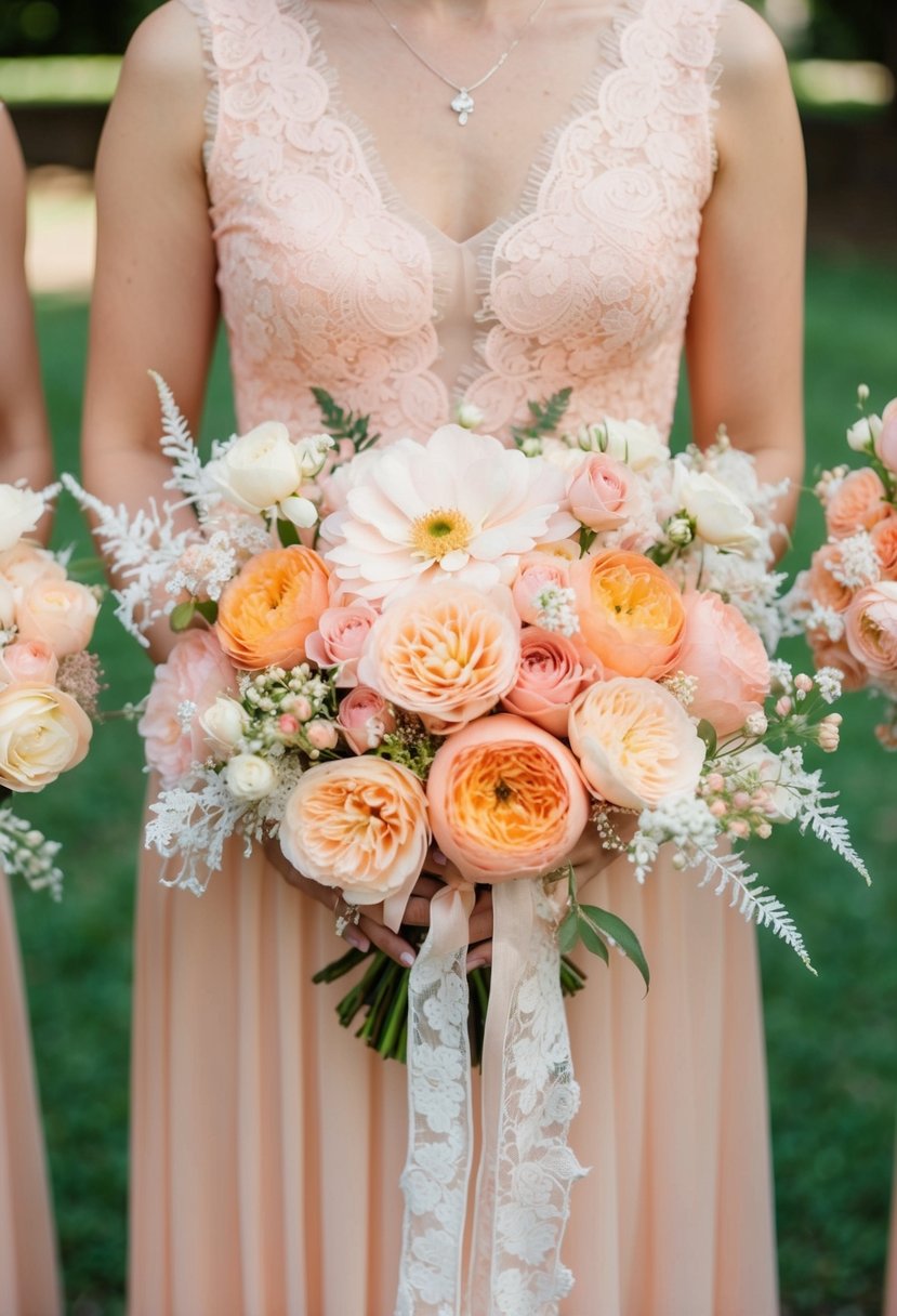 A peach and blush pink wedding theme with floral arrangements and delicate lace details