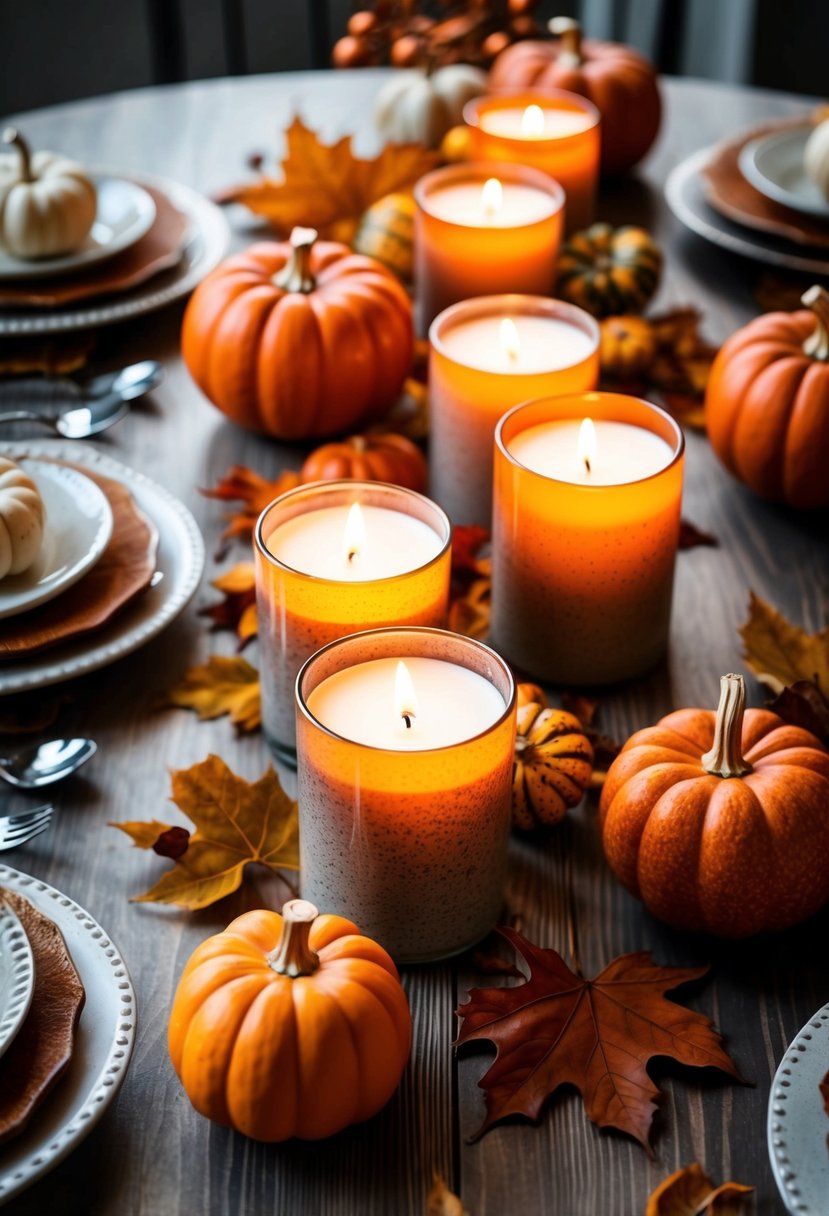 A table adorned with rustic fall scented candles, surrounded by autumn leaves and small decorative pumpkins