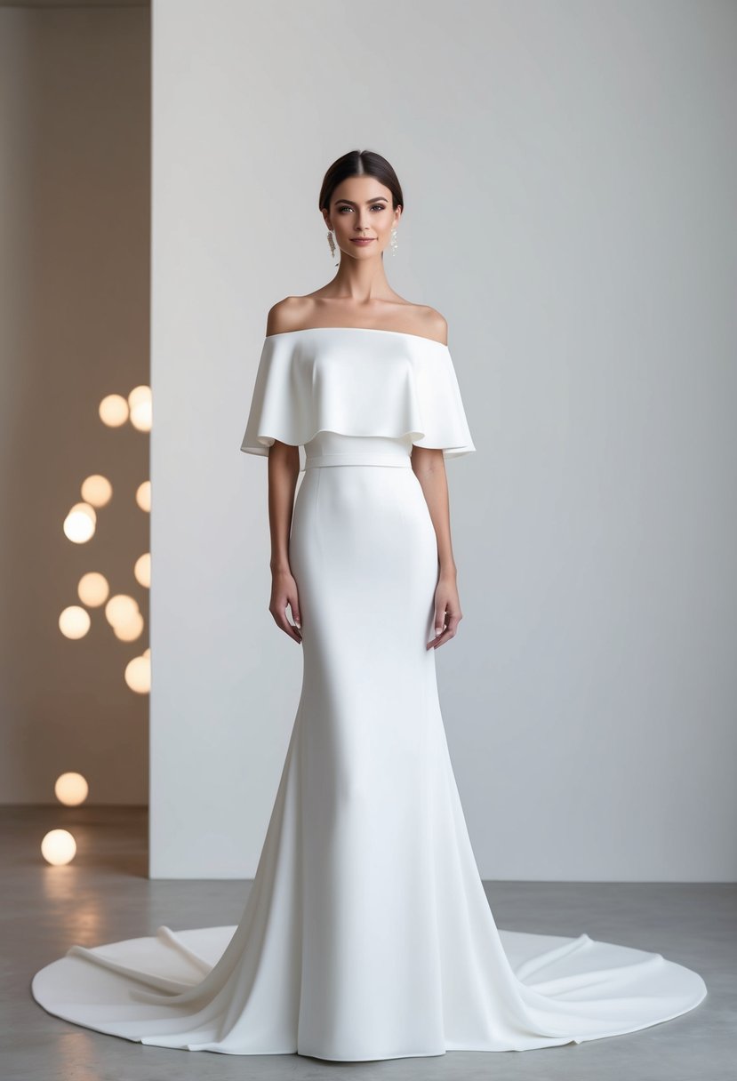 A modern off-shoulder wedding dress with flowing cape sleeves, set against a minimalist backdrop with soft lighting