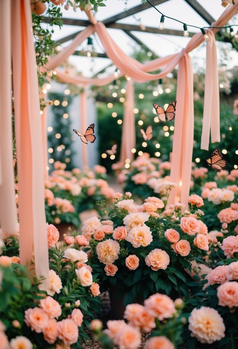 A whimsical garden filled with peach and coral blooms, draped in flowing ribbons and fairy lights, with delicate peach-colored butterflies fluttering around