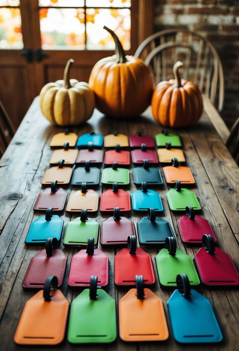 Colorful luggage tags arranged on a rustic wooden table with fall-themed decor