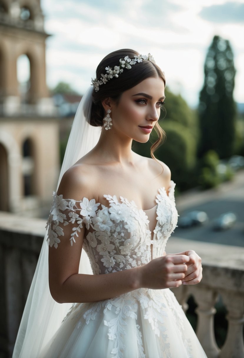 A bridal gown with delicate floral appliqué cascading down the off-shoulder neckline