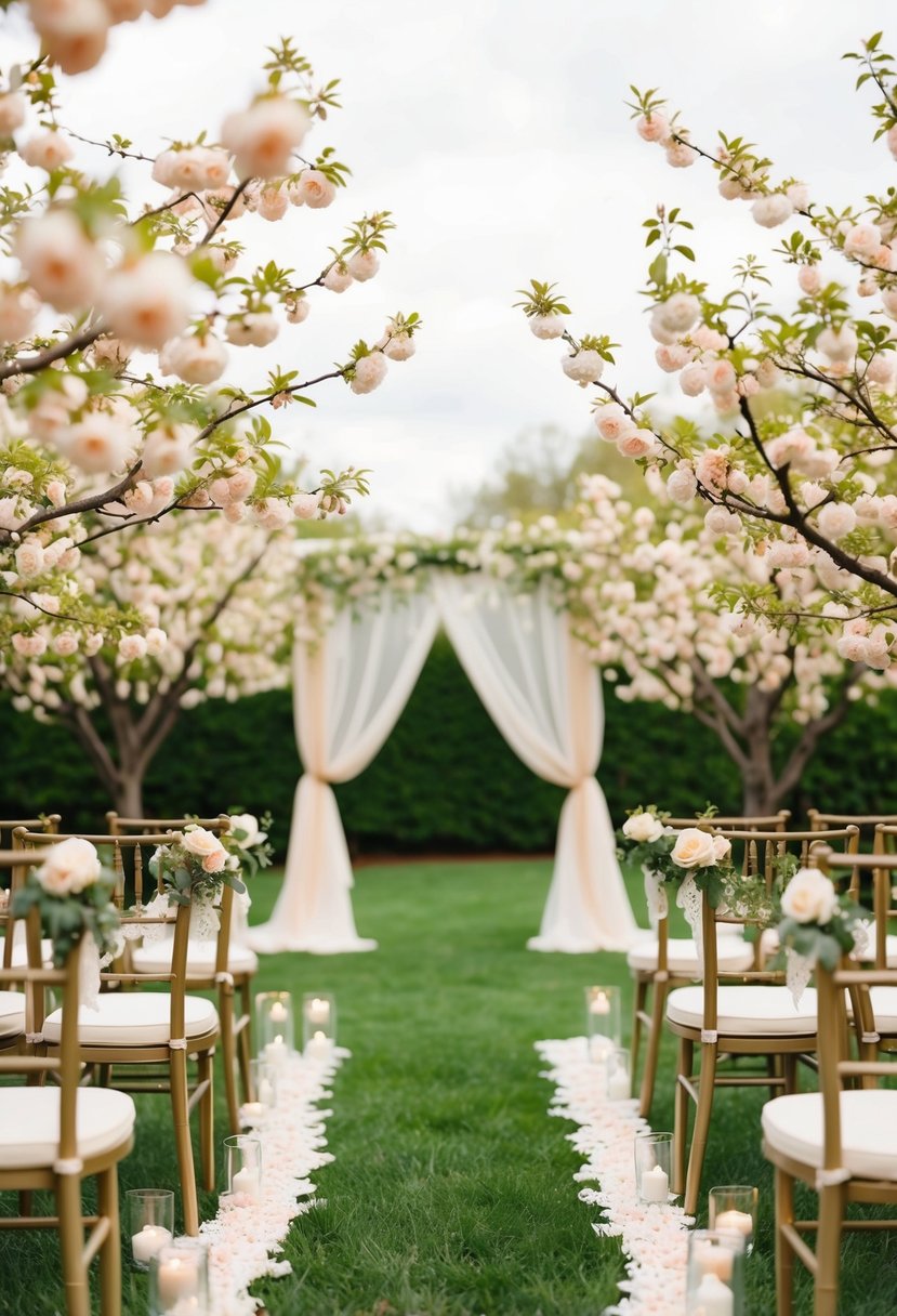 A serene garden with peach blossoms and ivory lace decor, set for a romantic wedding ceremony