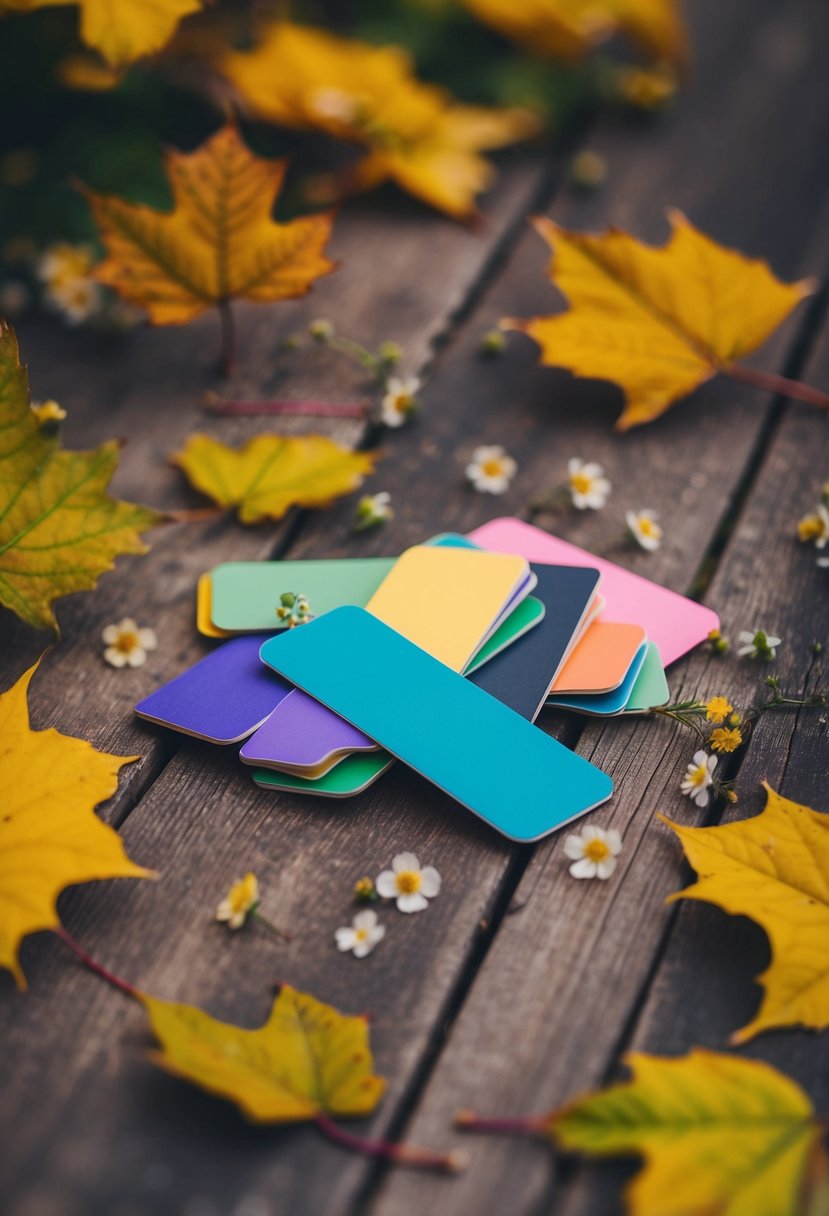 Colorful bookmarks scattered on a rustic wooden table, surrounded by autumn leaves and small, delicate flowers