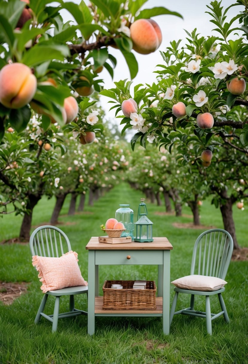 A lush peach orchard with sage green accents, featuring rustic wooden furniture and delicate peach blossoms