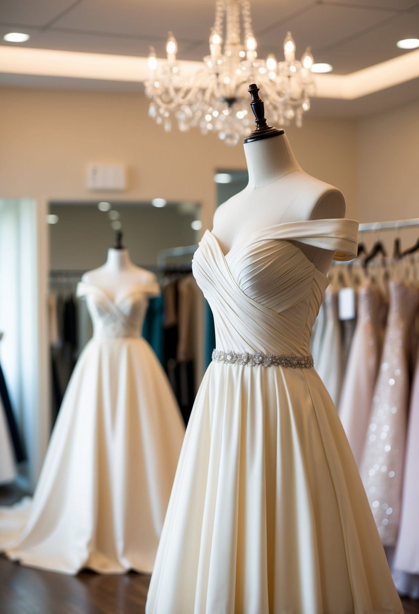 An elegant A-line off-shoulder gown hangs on a mannequin in a softly lit bridal boutique