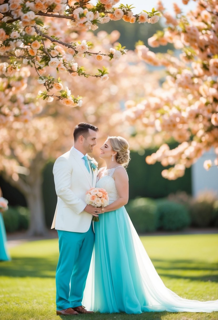 A sunny peach and turquoise wedding scene with peach blossoms and turquoise accents