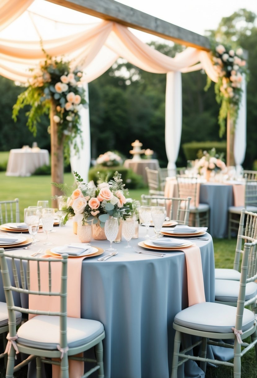 A serene outdoor wedding reception with peach and grey decor, featuring elegant floral arrangements and softly draped fabric