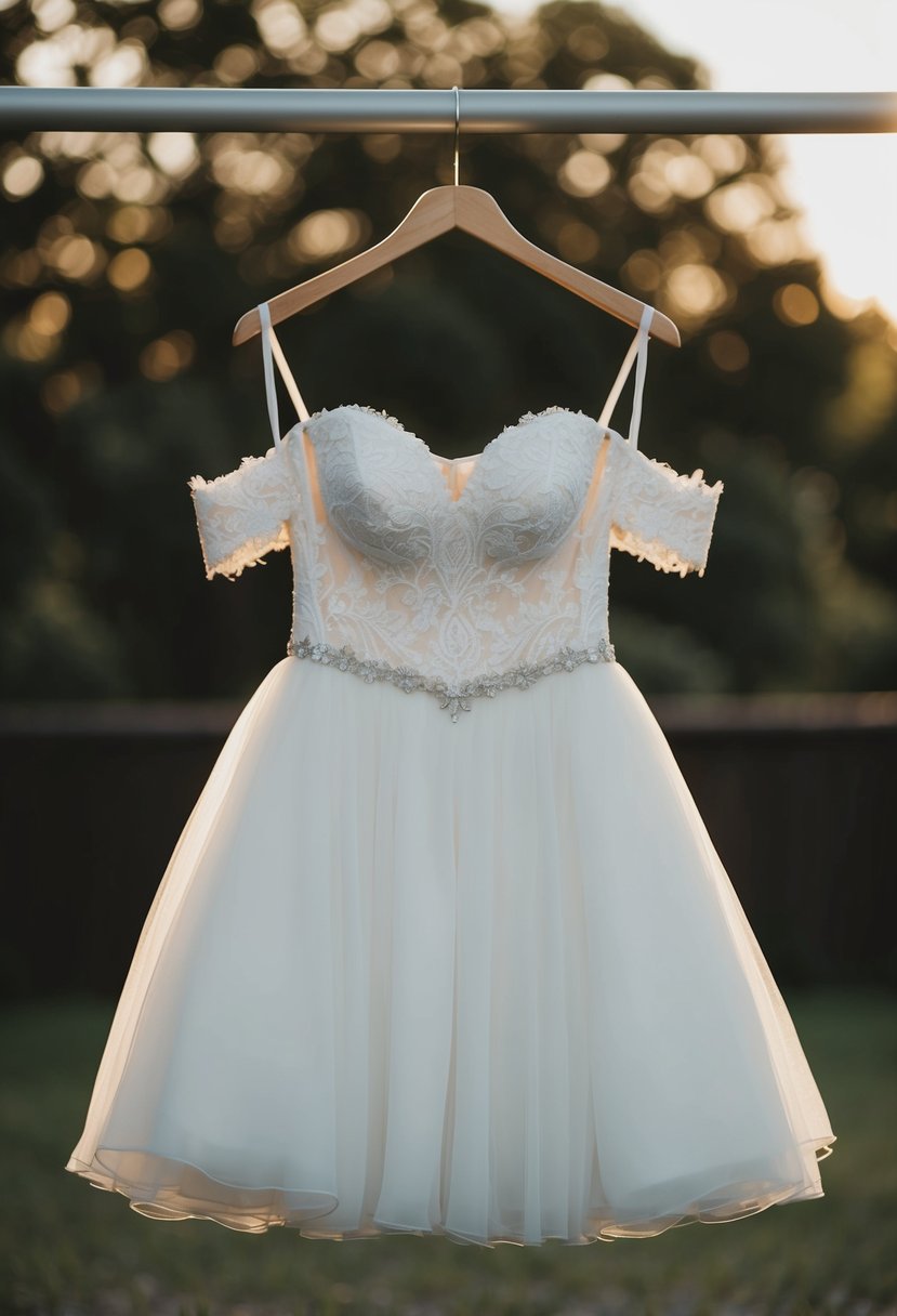 An off-shoulder short wedding dress on a hanger