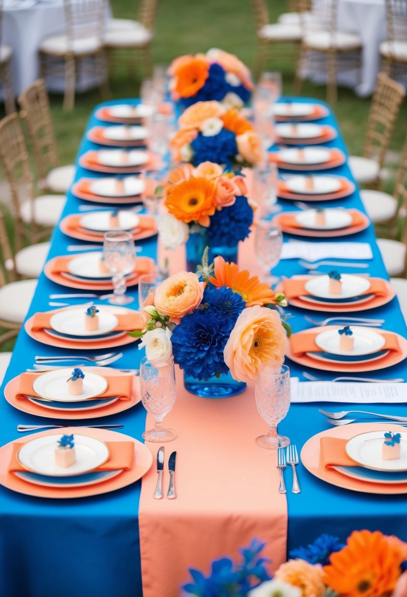 A vibrant peach and blue wedding table set with bold florals and elegant place settings