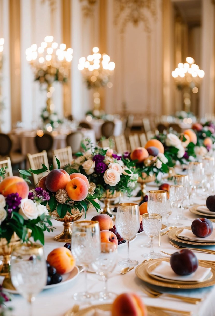 A grand banquet table adorned with luscious peaches and plums, elegant floral arrangements, and regal gold accents