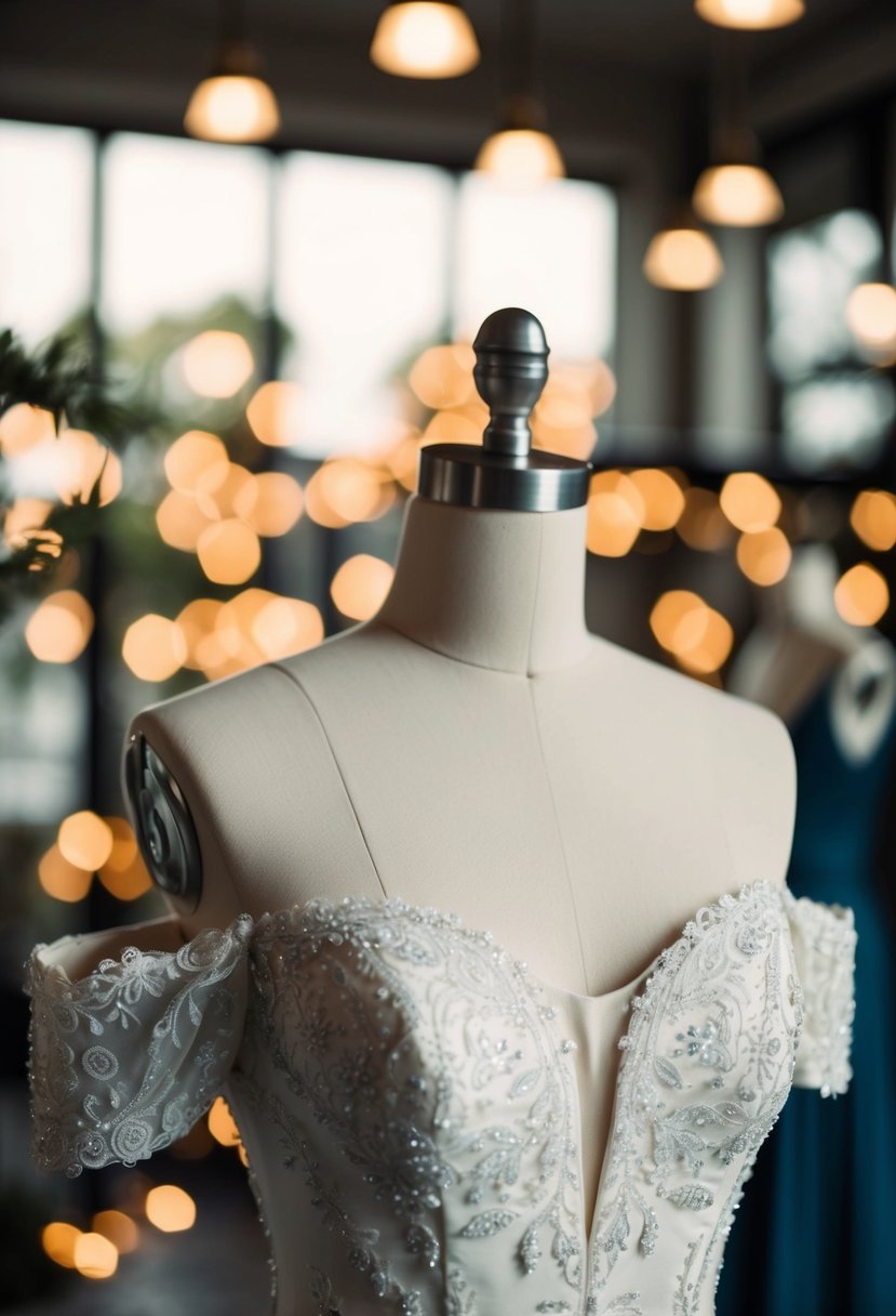 An elegant off-shoulder wedding dress on a mannequin