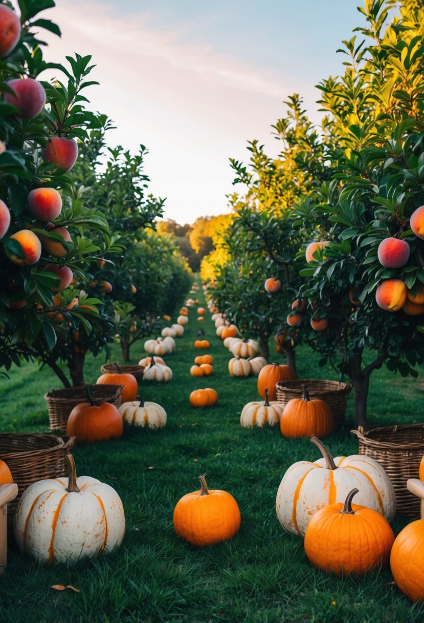 A lush peach orchard with ripe fruit, surrounded by rustic pumpkin decor, set against a golden sunset