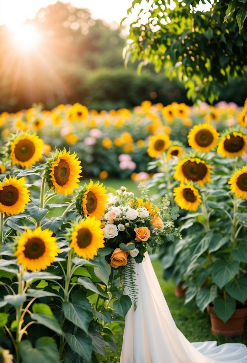 A lush garden filled with sunflowers and peach blossoms, with a warm summer sun shining down on a romantic wedding setup