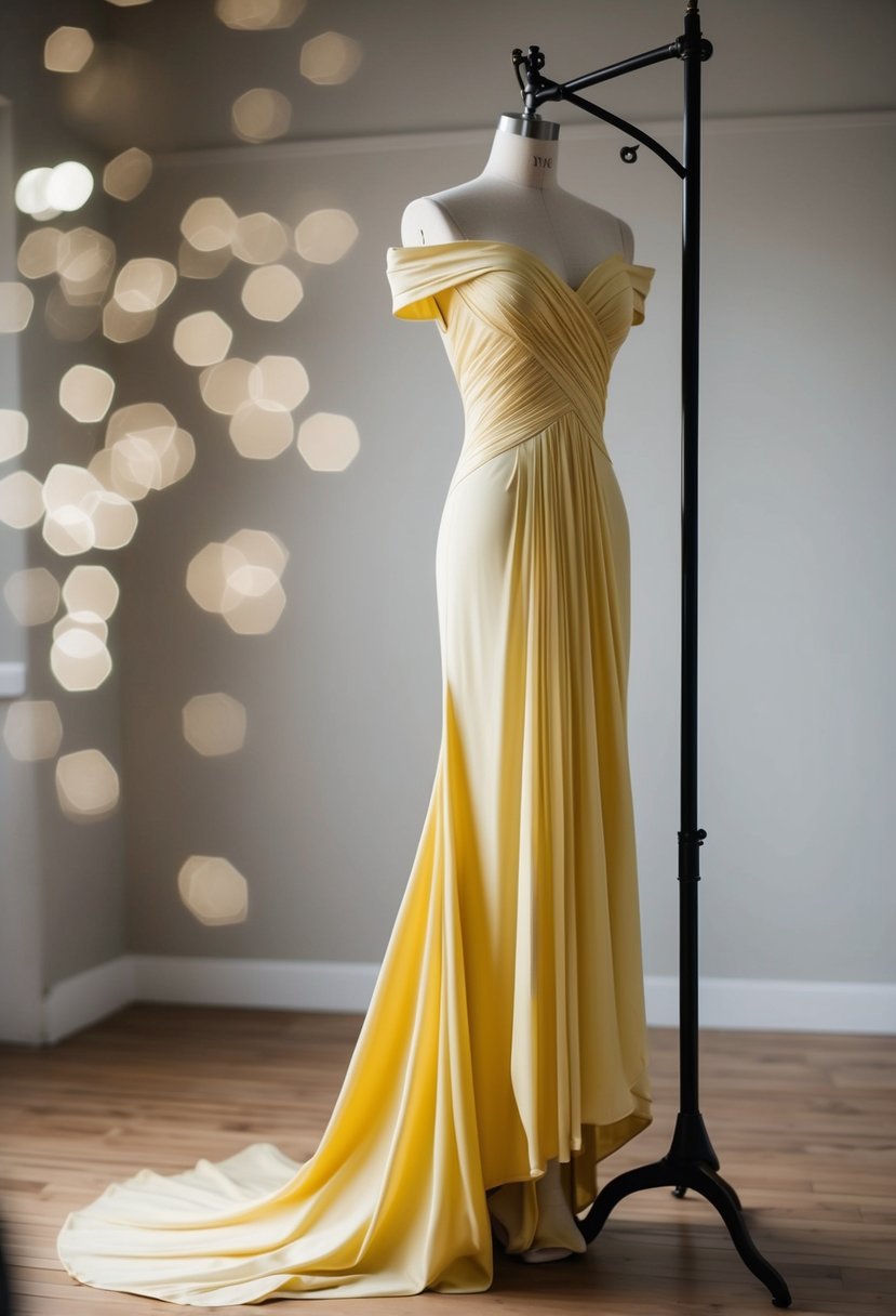 A vintage off-shoulder gown hangs on a mannequin, cascading down in long, elegant folds