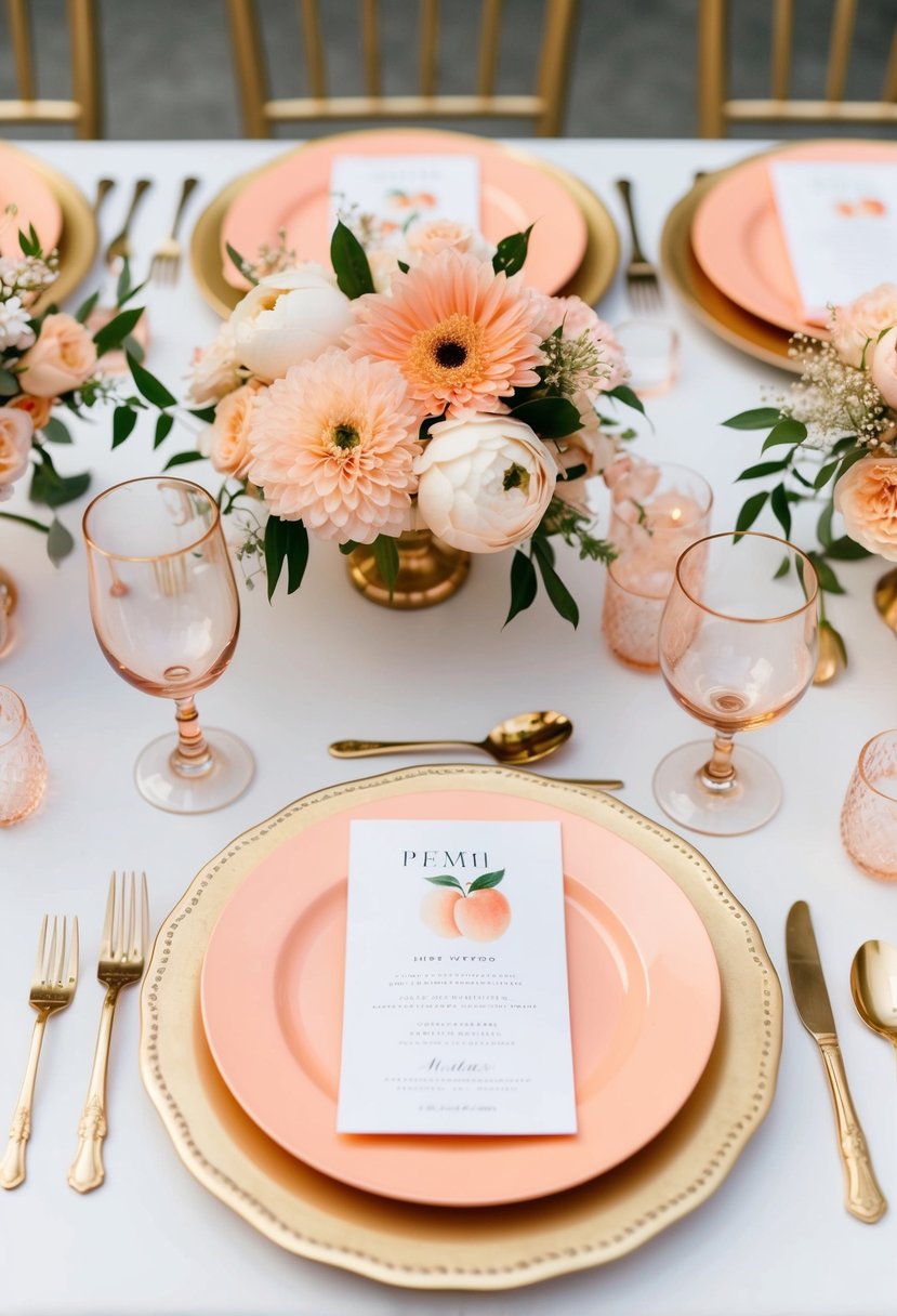 A gilded table set with peach-colored plates, gold utensils, and delicate floral centerpieces for a peach-themed wedding