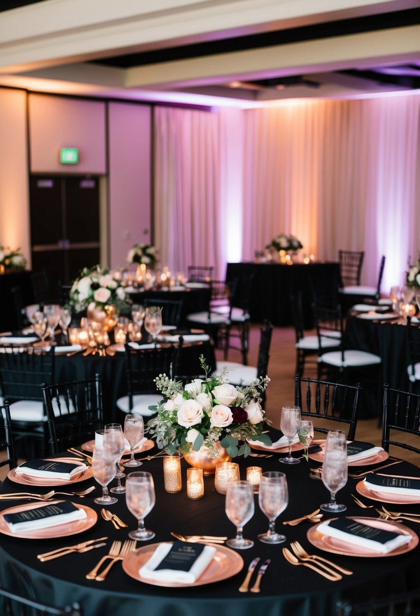 A black and rose gold themed wedding reception with elegant table settings, floral centerpieces, and romantic lighting