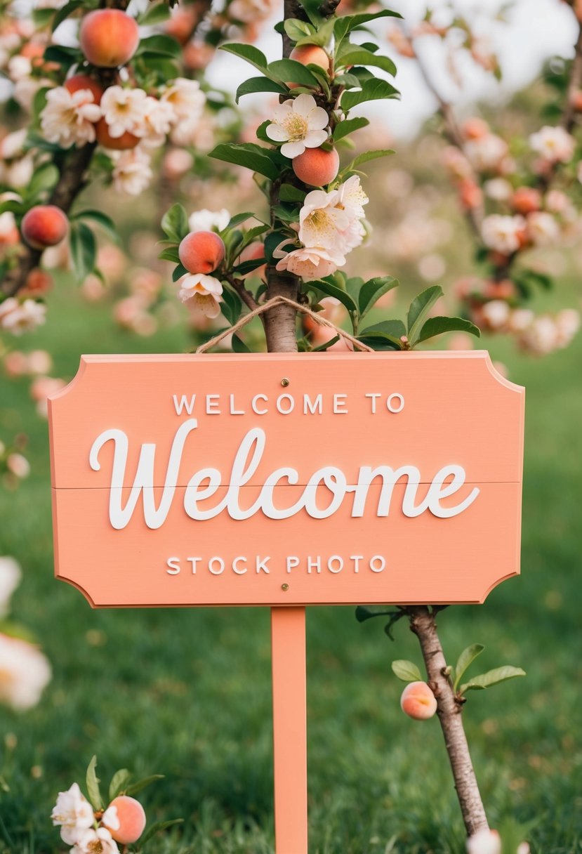 A peach wooden welcome sign surrounded by peach blossoms and greenery