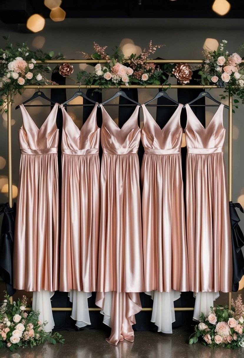 A group of rose gold bridesmaid dresses hanging on a rack, surrounded by black and rose gold wedding decor and floral arrangements