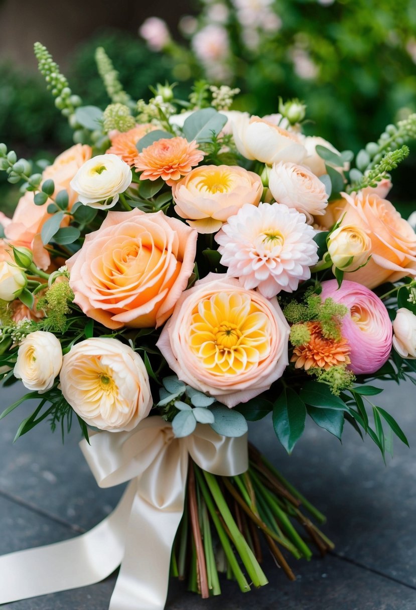 A lush bouquet of peach-colored roses, ranunculus, and dahlias, accented with greenery and tied with a satin ribbon