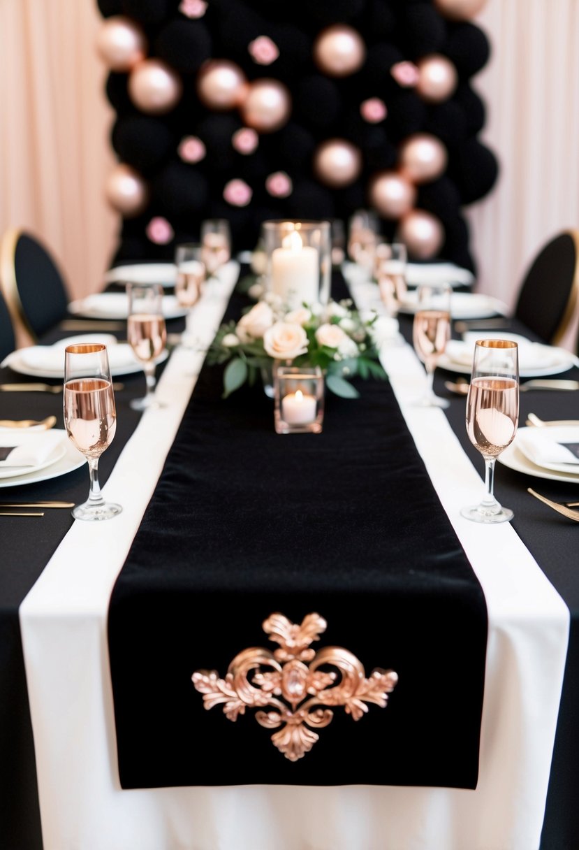 A black velvet table runner adorned with rose gold accents, set against a backdrop of elegant black and rose gold wedding decor