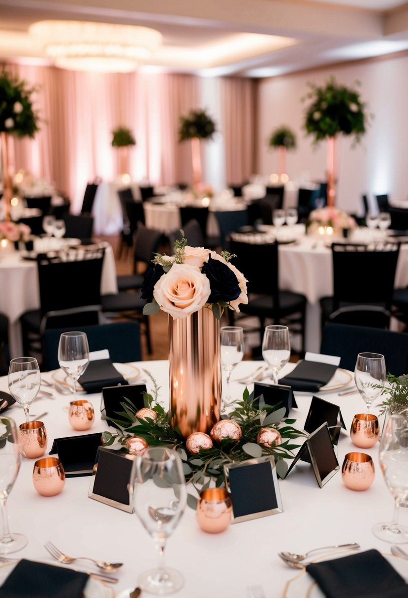 Black and rose gold centerpieces arranged on a wedding reception table with matching decor and flowers