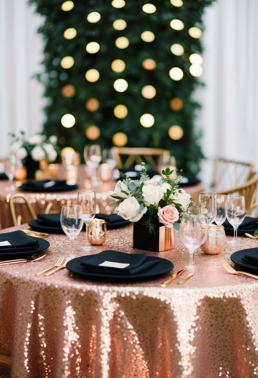 A table set with rose gold sequin tablecloths and black and rose gold wedding decor