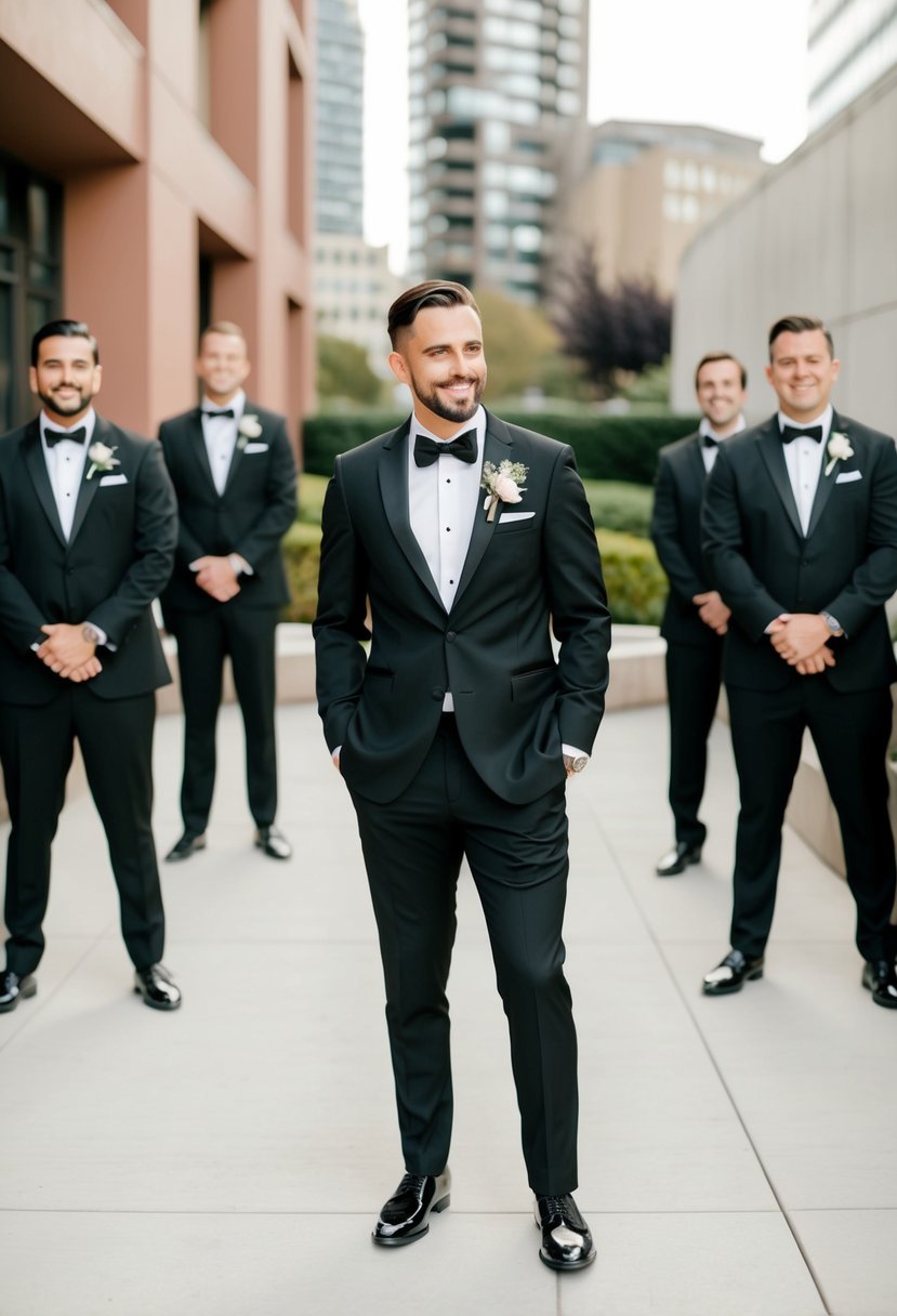 A sleek black and rose gold wedding theme with groom and groomsmen in matching black suits