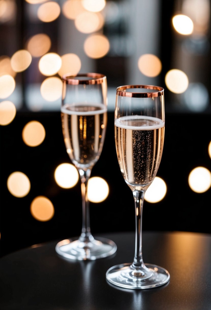 Two champagne glasses with rose gold rims on a black table