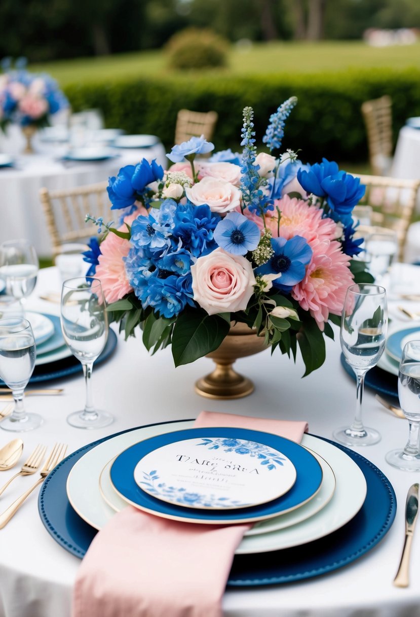 A wedding table set with blue and pink floral centerpieces, matching linens, and elegant place settings