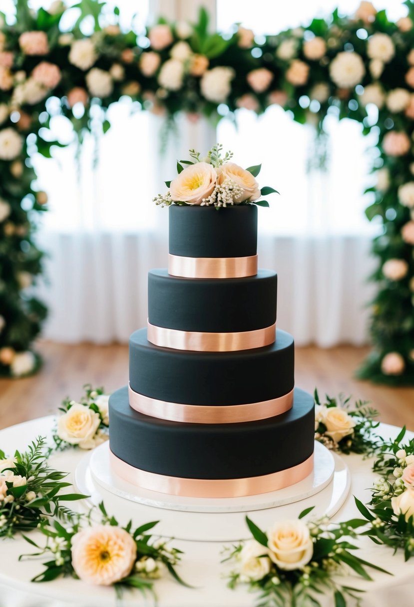 A three-tiered wedding cake with black and rose gold accents sits on a white table, surrounded by matching floral arrangements and decor