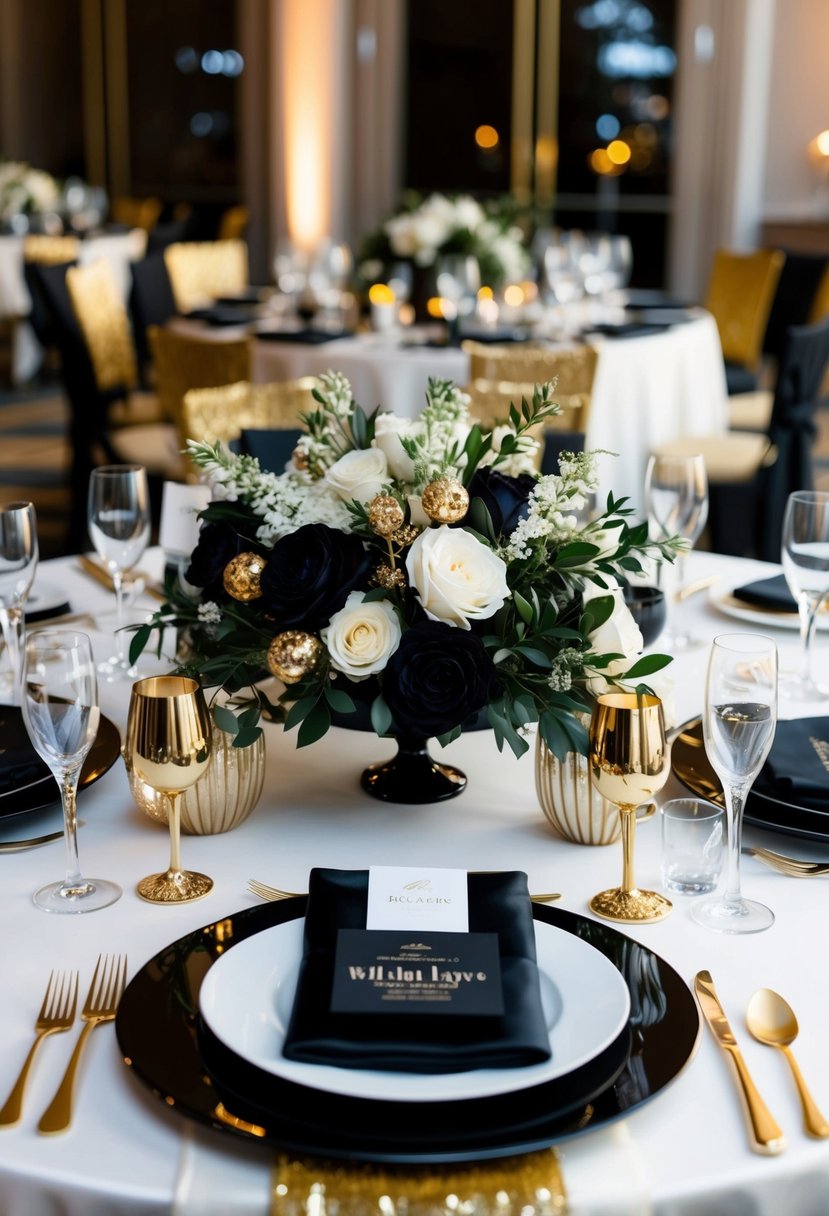 A luxurious black and gold wedding table setting with shimmering linens, elegant dinnerware, and opulent floral centerpieces