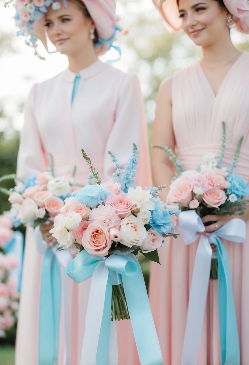 A soft pink and blue pastel ceremony with delicate flowers and ribbons in coordinating colors