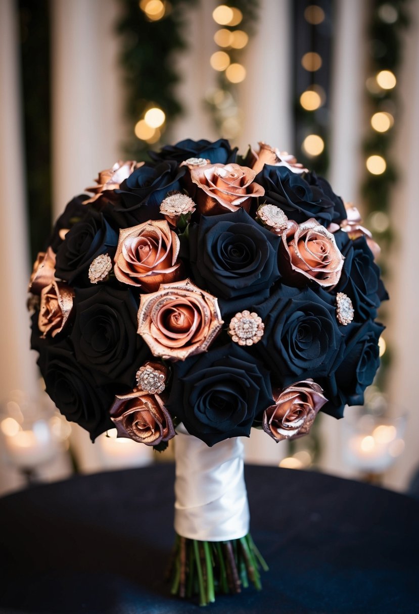 A bride's bouquet of deep black and shimmering rose gold roses, set against a backdrop of matching wedding decor