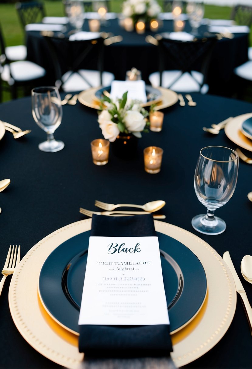 A black tablecloth with gold charger plates, set for a black and gold themed wedding