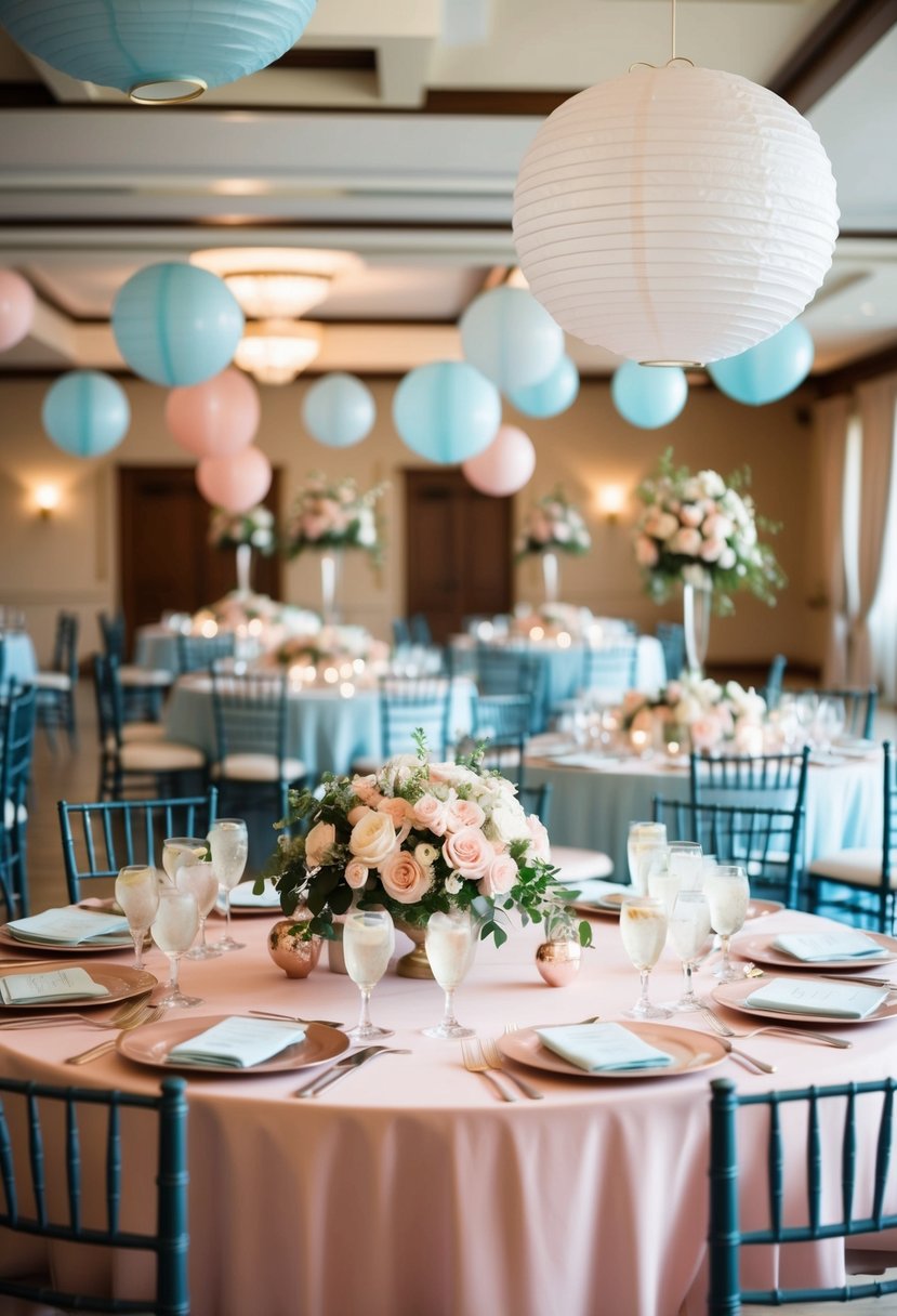 A reception hall filled with blush and baby blue decorations, including floral centerpieces, table linens, and hanging paper lanterns