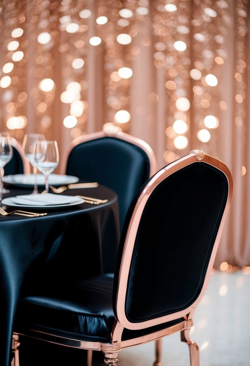 A black satin chair with rose gold accents