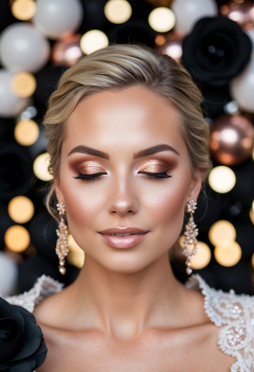 A bride's face adorned with rose gold makeup, surrounded by black and rose gold wedding decor