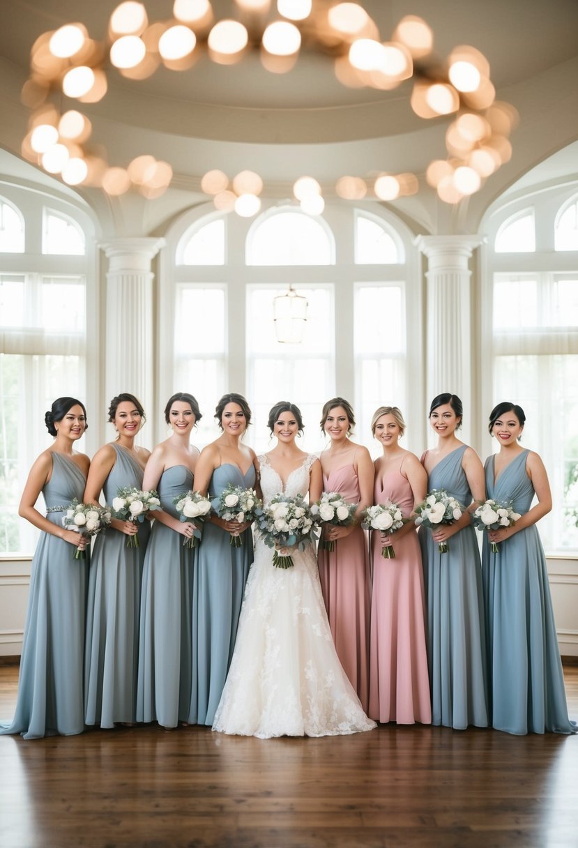 A group of bridesmaid dresses in dusty blue and pink, arranged in a elegant and romantic wedding setting