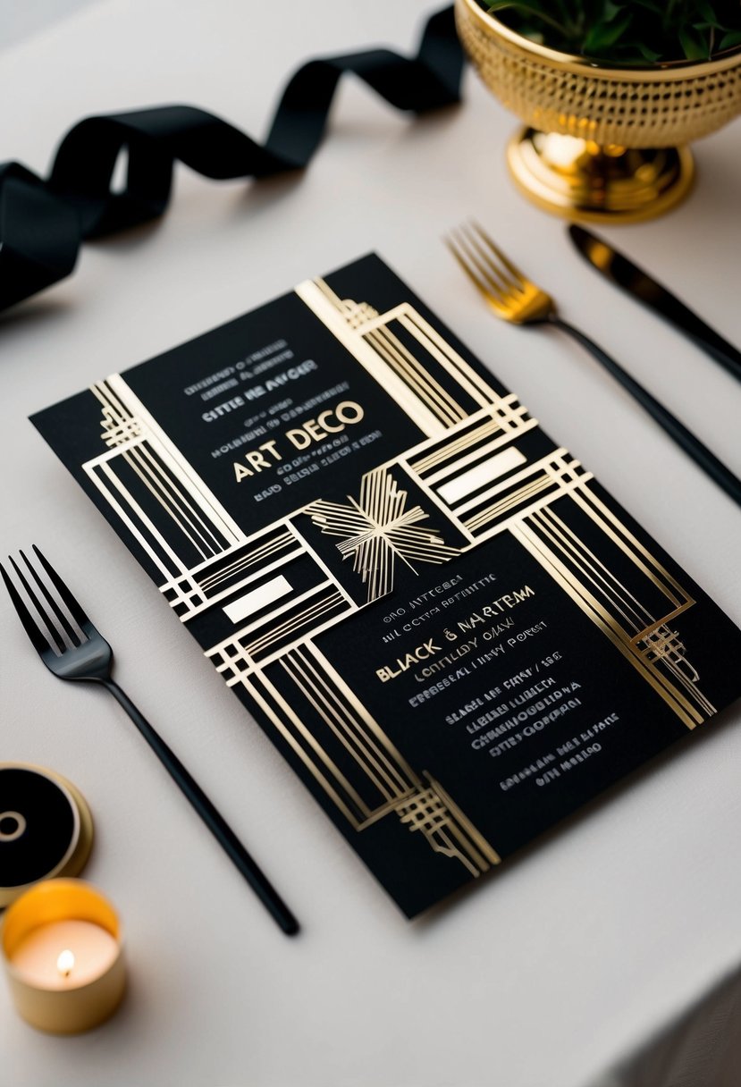 An elegant Art Deco-inspired invitation design with black and gold color scheme, featuring geometric patterns and sleek lines for a luxurious wedding