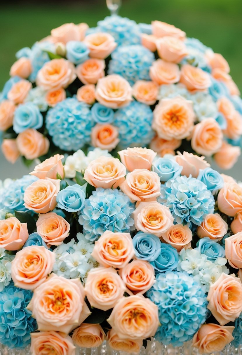 Peach and light blue floral arrangements arranged in a decorative display for a wedding