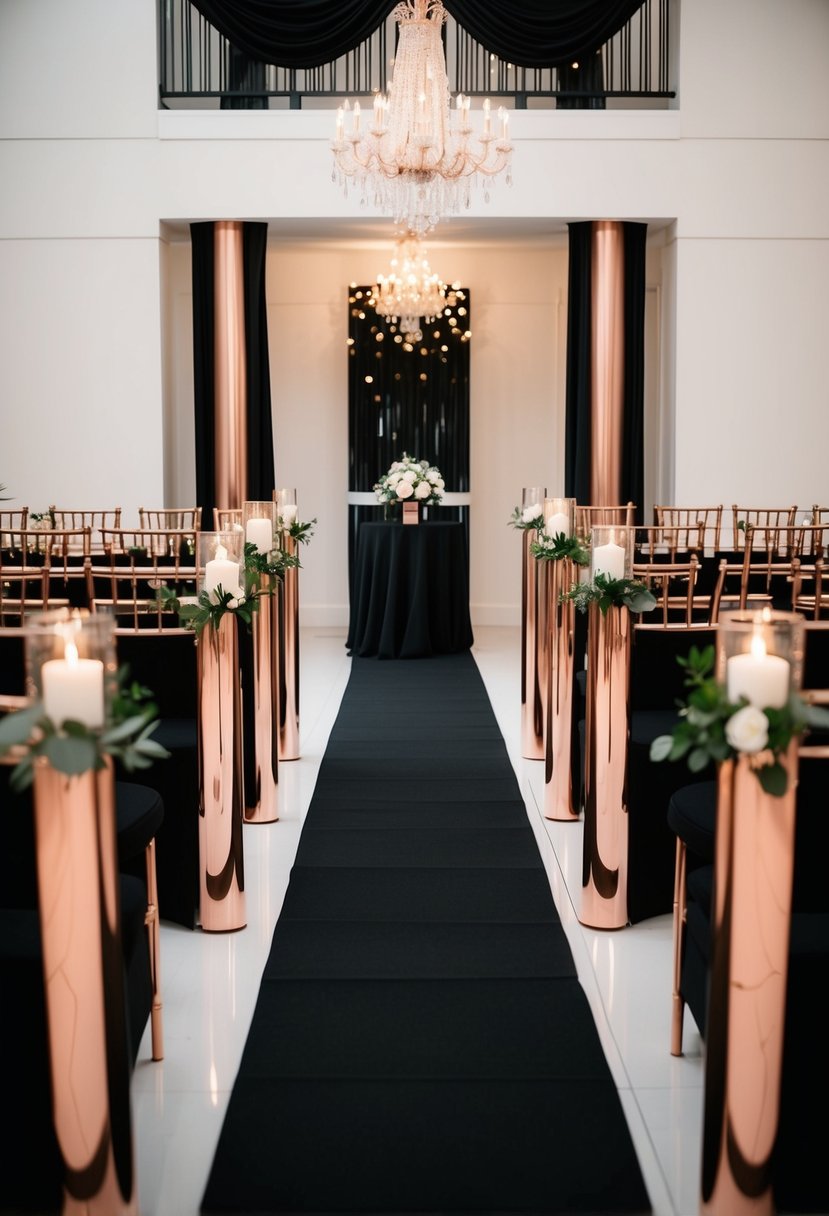 A sleek black and rose gold wedding aisle with metallic accents and elegant decor