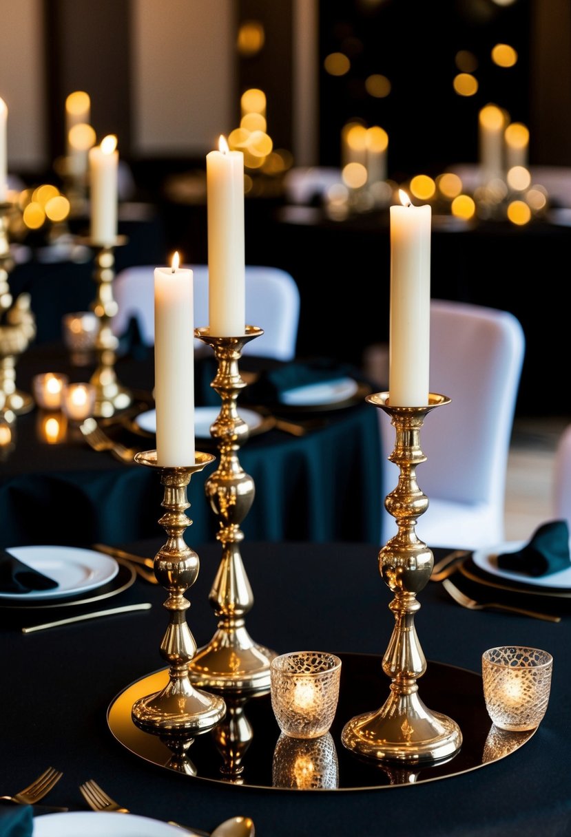 Elegant gold candle holders on black tables, creating a sophisticated and luxurious atmosphere for a black and gold wedding color scheme