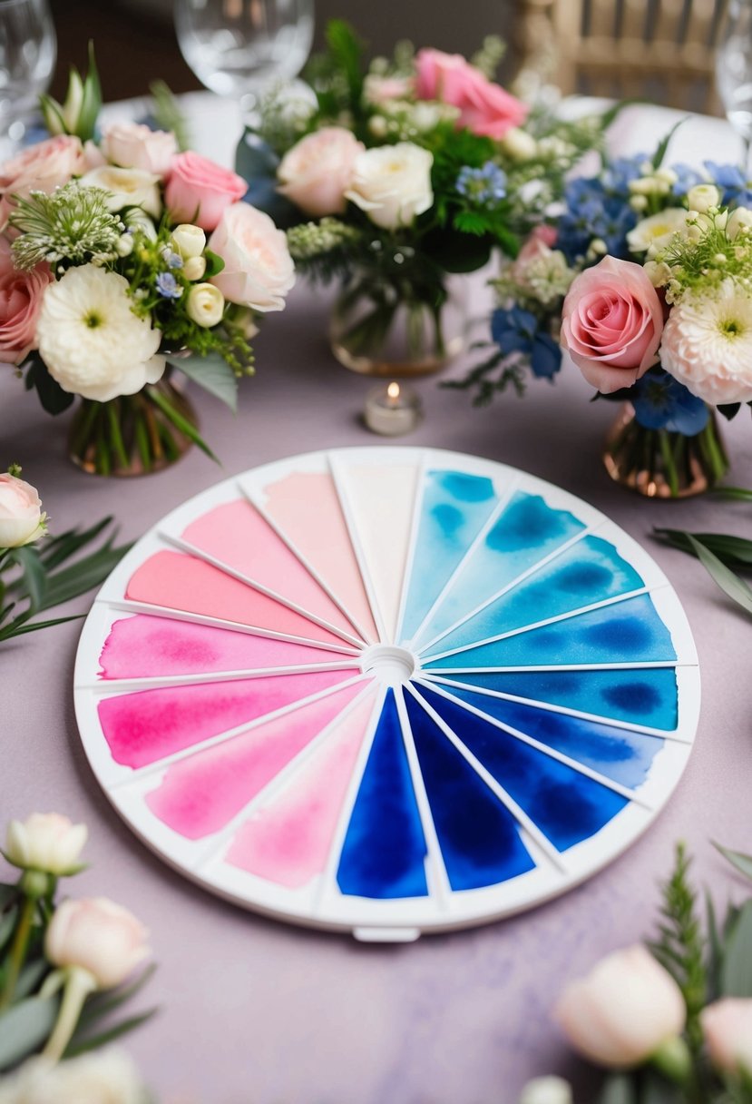 A watercolor palette with pink and blue swatches, surrounded by wedding decor and floral arrangements in matching colors