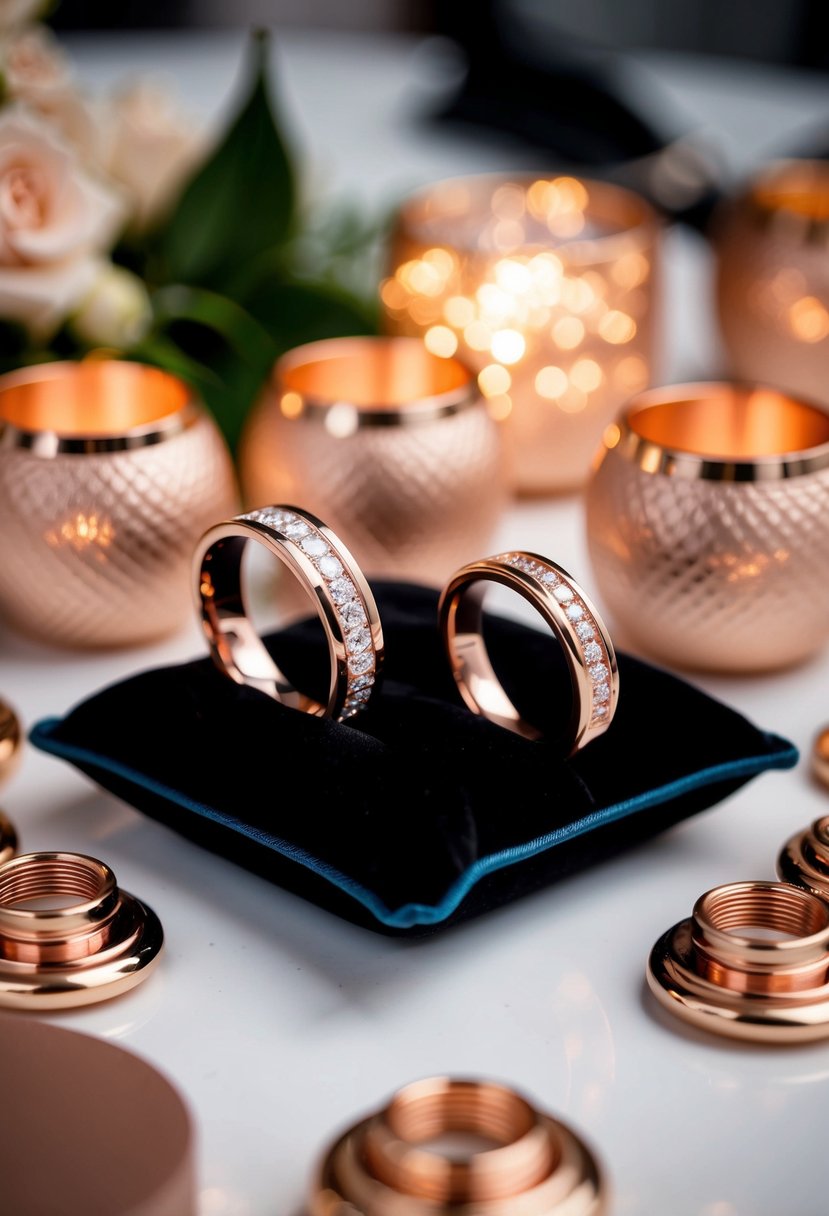 Two rose gold wedding rings displayed on a black velvet cushion, surrounded by rose gold wedding decor and accessories